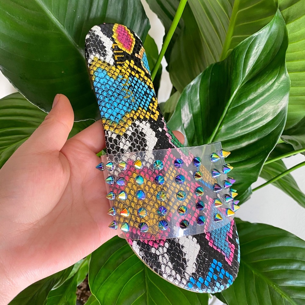 Multicolor Studded Snake Print Slides